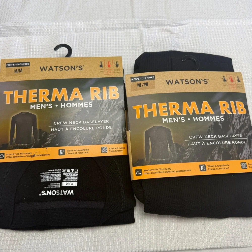 2 Watsons Therma Rib Mens Crew Neck Baselayer Black Medium Thermal Top Shirt New